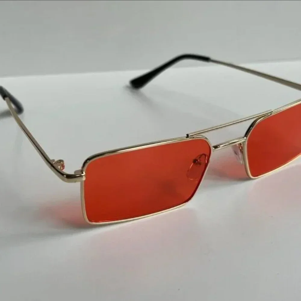 vintage y2k 90s 2000s unique slim gold trim red lens sunglasses